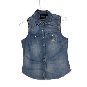 Harley-Davidson Womens Blue Denim Sleeveless Shirt Vest American Flag Small